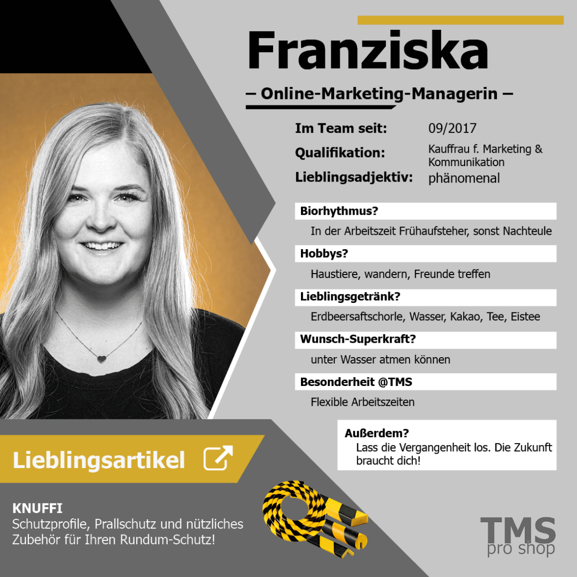 TMS Pro Shop Marketing Mitarbeiterin Steckbrief